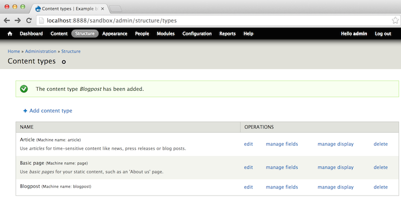 Screen Shot: Content-type created